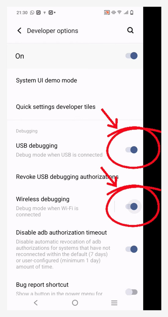 depuração wireless ou "wireless debugging"